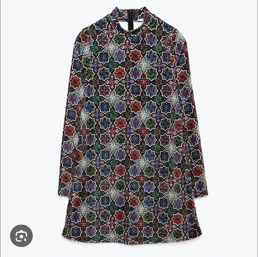 Zara Multicolor Geometric Bell Sleeve A-line Boho Velour 60s Retro Dress Small